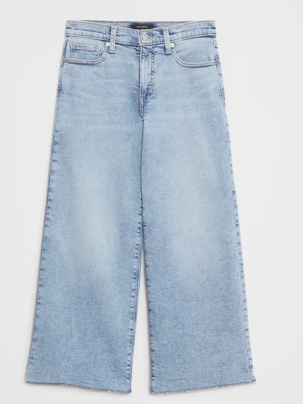 Banana Republic high rise wide leg jeans raw fringe hem, light wash